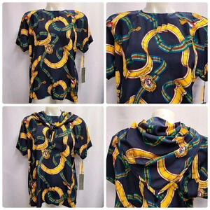 Vintage 100% Silk Equestrian Derby Novelty Print Top Scarf Set Navy Blue 8